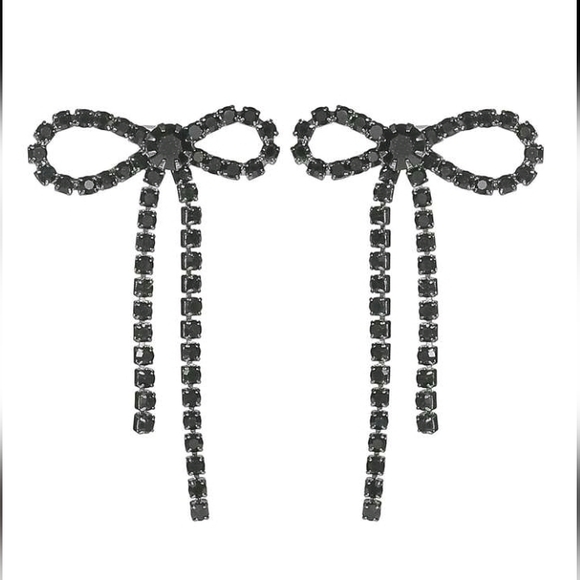 Anthropologie Jewelry - NEW!! Gold Plated Minimalist Black Rhinestones Bow Dangling Drop Post Earrings